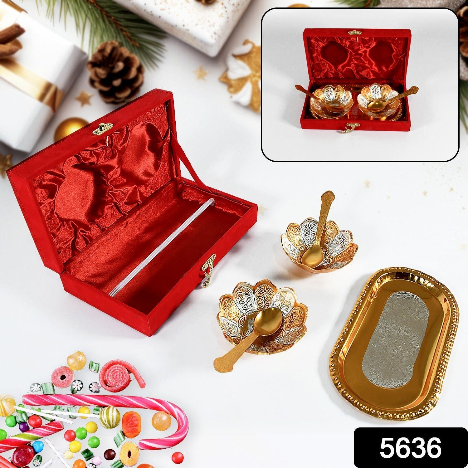 5in1 Gold Silver Plated 2 Bowl 2 Spoon Tray Set Brass with Red Velvet Gift Box Serving Dry Fruits Desserts Gift 5in1 Gold Silver Plated 2 Bowl 2 Spoon Tray Set Brass with Red Velvet Gift Box Serving Dry Fruits Desserts Gift